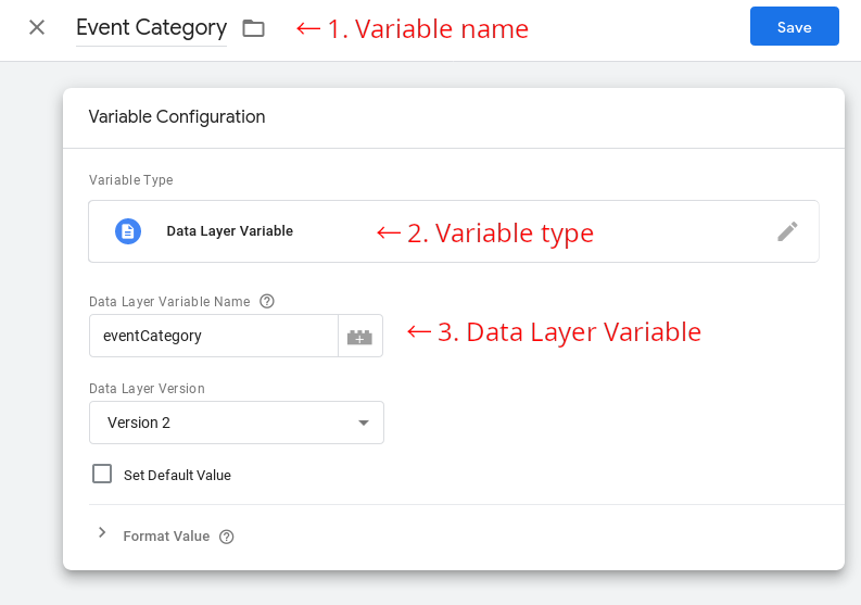 Settings for a data layer variable - step 1